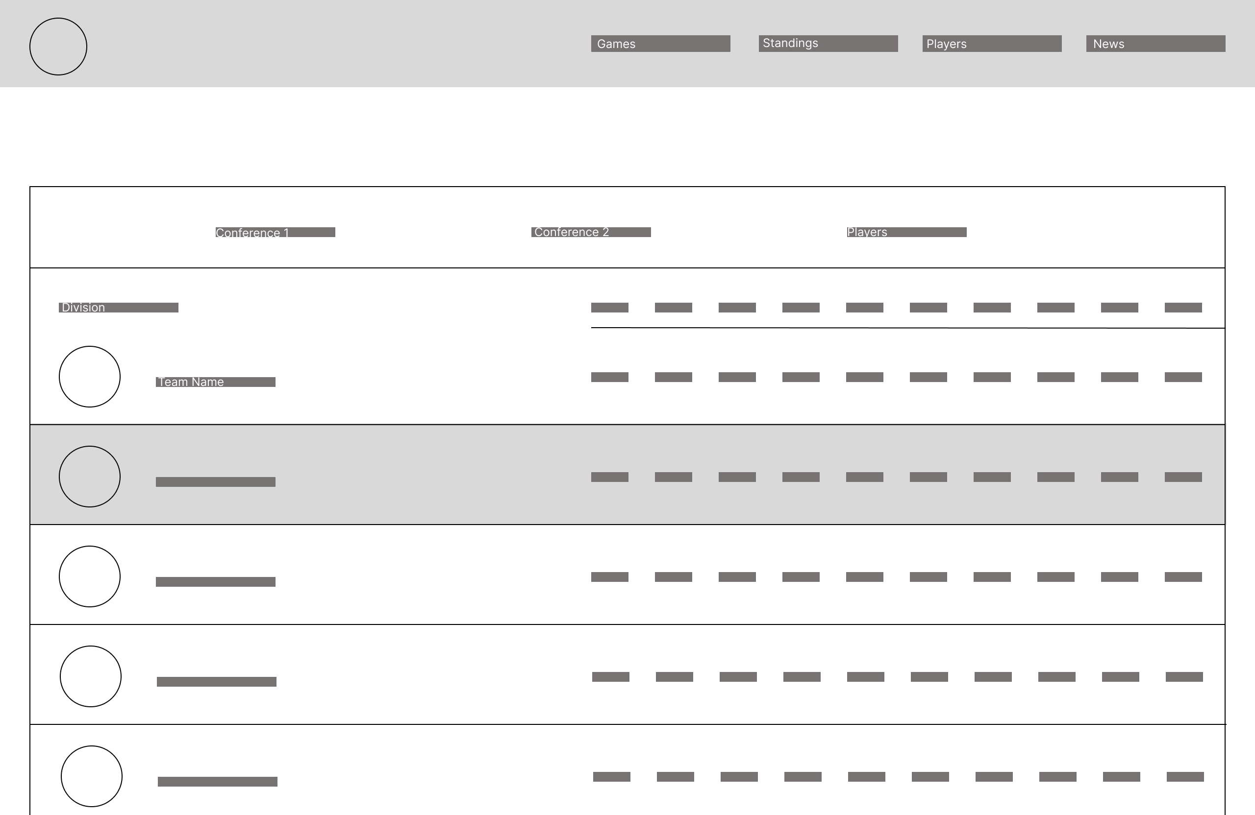 Standings wireframe